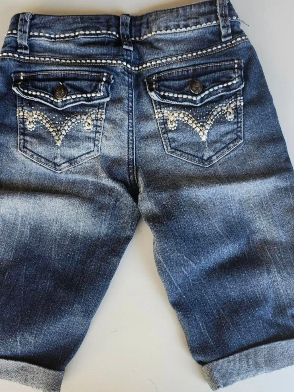 Imperial Star Blue Distressed Denim Bermuda Shorts with Studded Trim